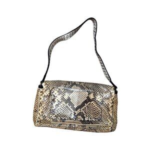 Facondini Women's Flap Shoulder Bag Purse Leather Python Snakeskin Beige Black